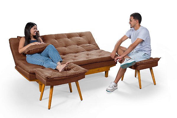 Sofa Cama Caribe em Linho Marrom 3 Posições Com 2 Banquetas