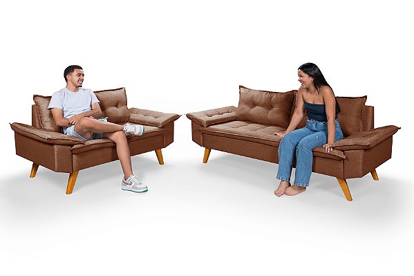 Jogo de Sofá Bariloche em Linho Marrom 2 e 3 Lugares