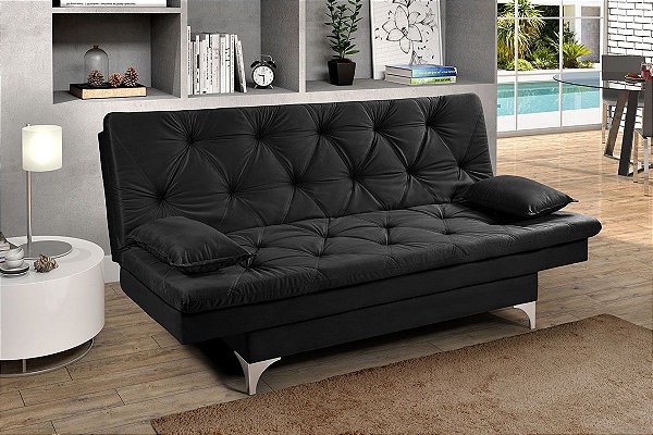 Sofá Cama 3 Lugares Preto Multiuso Austria em Suede