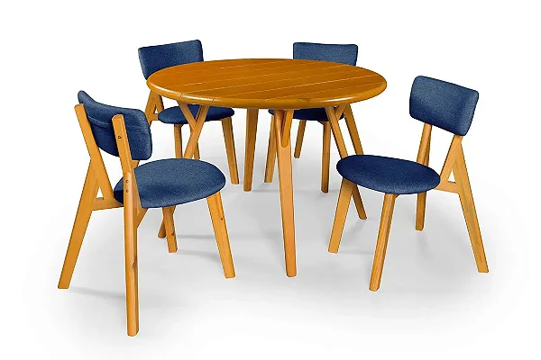 Conjunto Sala de Jantar Liz Mesa Ripada 110cm Com 4 Cadeiras em Linho Azul