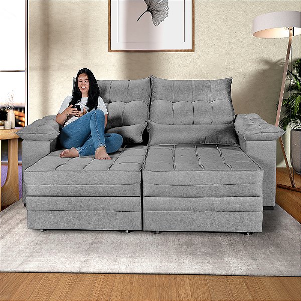 Sofá Retrátil e Reclinável Cancún em Linho Cinza