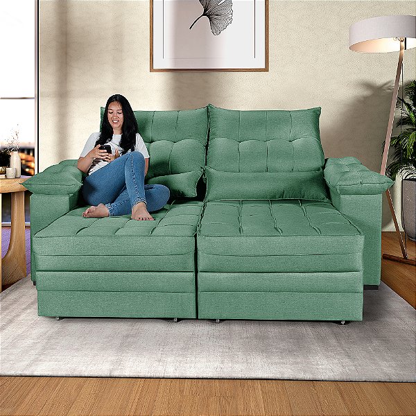 Sofá Retrátil e Reclinável Cancún em Linho Verde