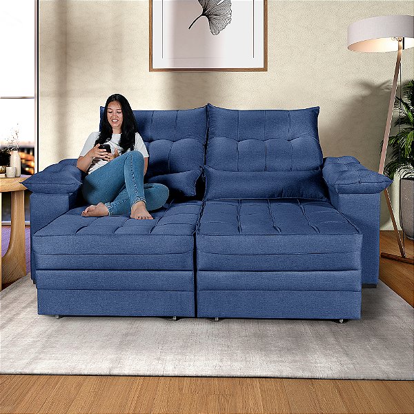 Sofá Retrátil e Reclinável Cancún em Linho Azul