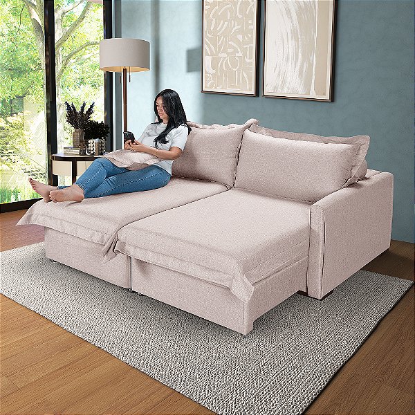 Sofá Living Retrátil Bali em Linho Bege