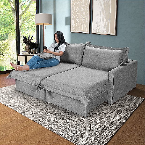Sofá Living Retrátil Bali em Linho Cinza