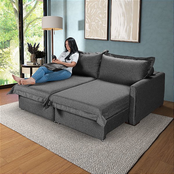 Sofá Living Retrátil Bali em Linho Grafite