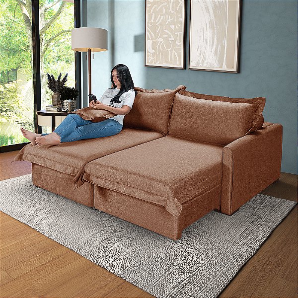 Sofá Living Retrátil Bali em Linho Marrom