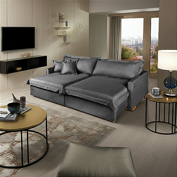 Sofá Cama Retrátil e Reclinável Living Bali em Linho Grafite 2,18m