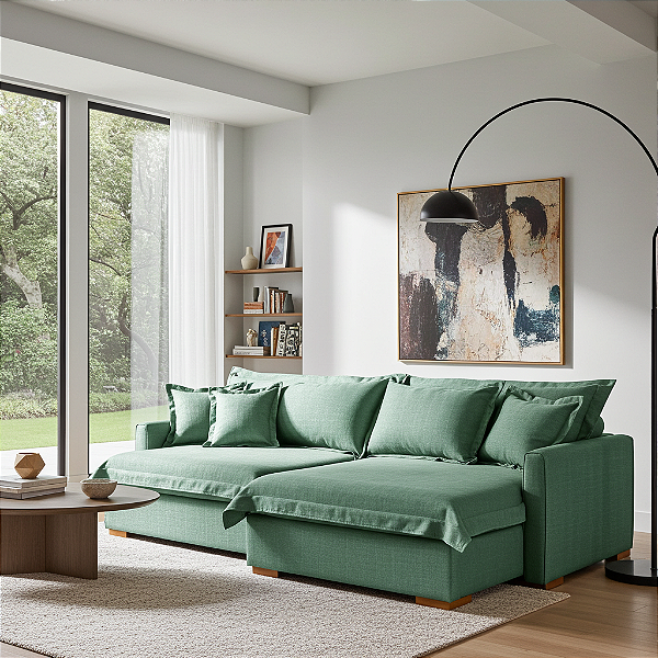 Sofá Cama Retrátil e Reclinável Living Bali em Linho Verde 2,18m