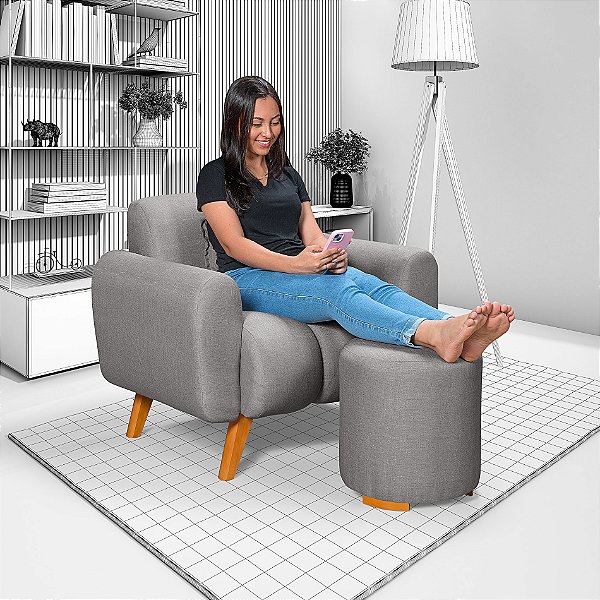 Poltrona Com Puff Dallas em Linho Cinza