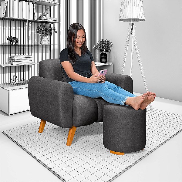 Poltrona Com Puff Dallas em Linho Grafite