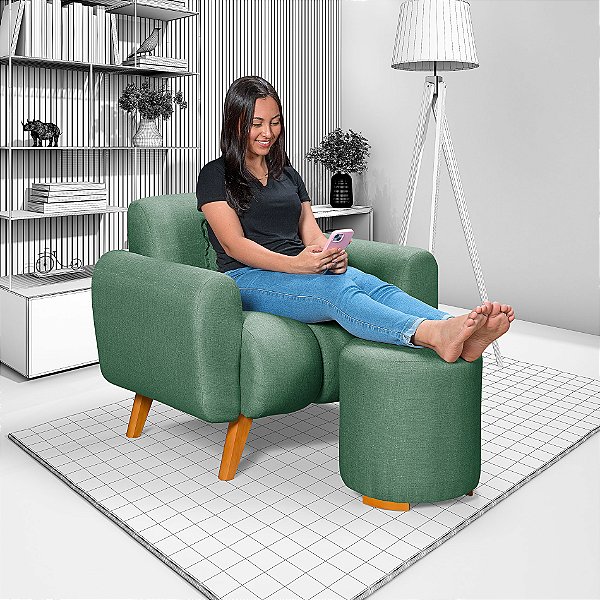 Poltrona Com Puff Dallas em Linho Verde