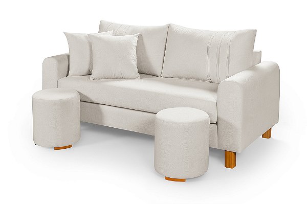 Sofá em Bouclê Off White Living 3 Lugares 180cm + Par de Puff
