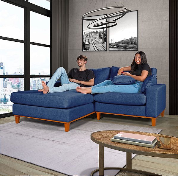 Sofá Paris Com Chaise Esquerdo 1,94m em Linho Azul