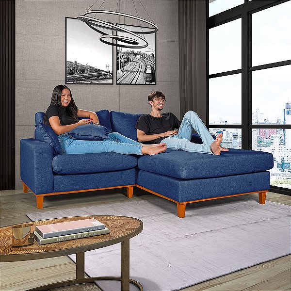 Sofá Paris Com Chaise Direito 1,94m em Linho Azul