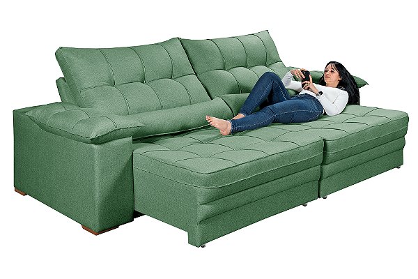 Sofá Cama Retrátil e Reclinável Cancún em Linho Verde 2,50m