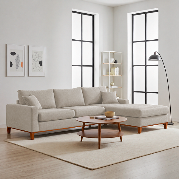 Sofá Lunaro Com Chaise Direito 4 Lugares em Linho Impermeável Bege