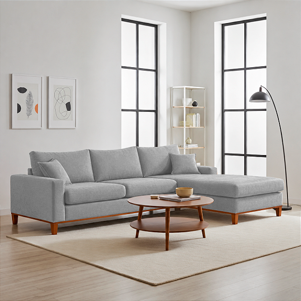 Sofá Lunaro Com Chaise Direito 4 Lugares em Linho Impermeável Cinza