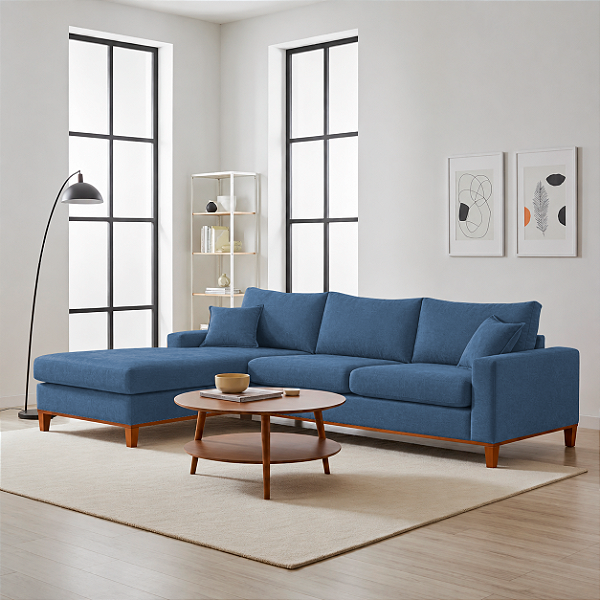 Sofá Lunaro Com Chaise Esquerdo 4 Lugares em Linho Impermeável Azul