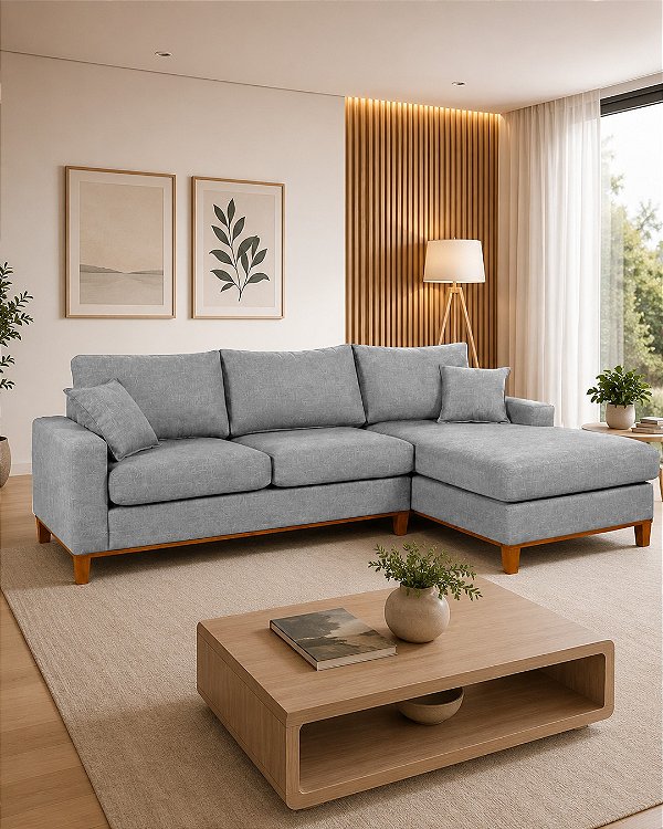 Sofá Belvaro em Linho Impermeável Cinza 3 Lugares 2,44m Com Chaise Direito