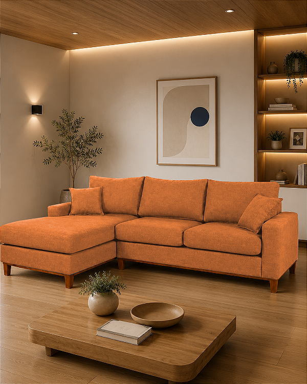 Sofá Belvaro em Linho Impermeável Marrom 3 Lugares 2,44m Com Chaise Esquerdo