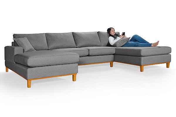 Sofá Torvani Com Chaise Dupla 3,15m em Linho Cinza
