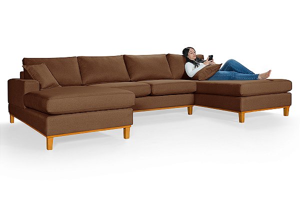 Sofá Torvani Com Chaise Dupla 3,15m em Linho Marrom