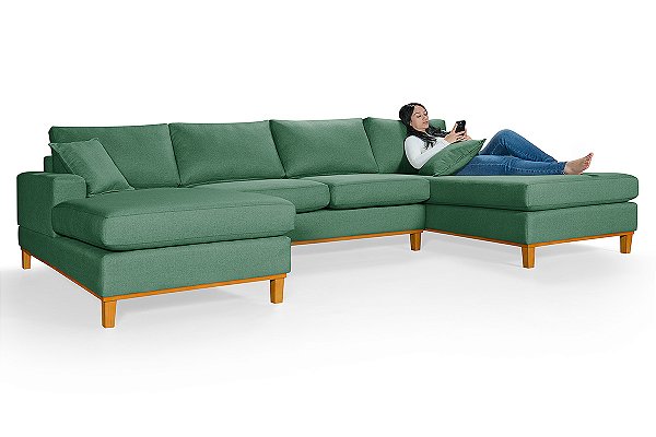 Sofá Torvani Com Chaise Dupla 3,15m em Linho Verde