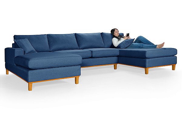 Sofá Torvani Com Chaise Dupla 3,15m em Linho Azul