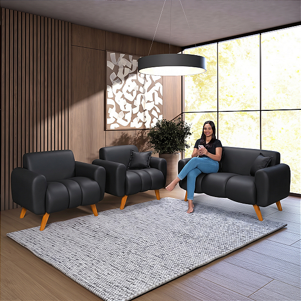 Conjunto Namoradeira Mais 2 Poltronas Dallas em Courino Preto