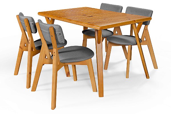 Conjunto Mesa Retangular Ripada Liz 120x80 com 4 Cadeiras em Linho Cinza