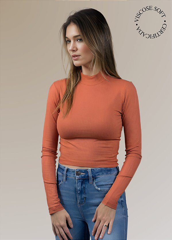 CROPPED MANGA LONGA SOFT-CANELADO GOLA ALTA
