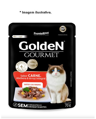 Sachê Golden Gourmet Gatos Castrados Carne, Abóbora e Arroz Integral 70 g
