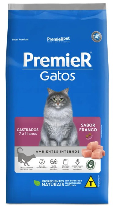 Ração Premier Ambientes Internos Gatos Castrados 7 à 11 anos Frango