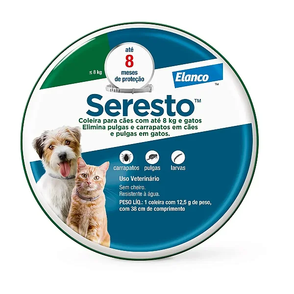 Coleira Antipulgas e Carrapatos Seresto Cães e Gatos até 8kg