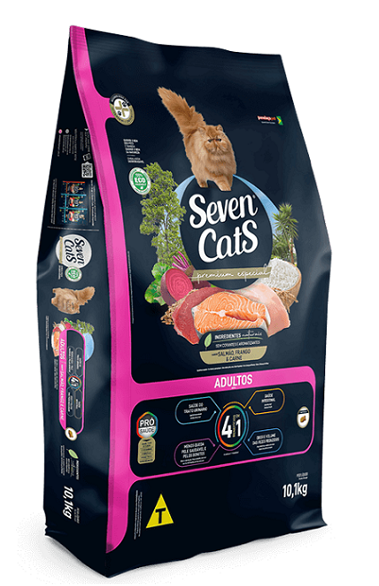 Ração Seven Cats Gatos Adultos Salmão, Carne e Frango