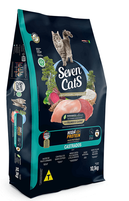 Ração Seven Cats Gatos Castrados High Protein Frango e Carne