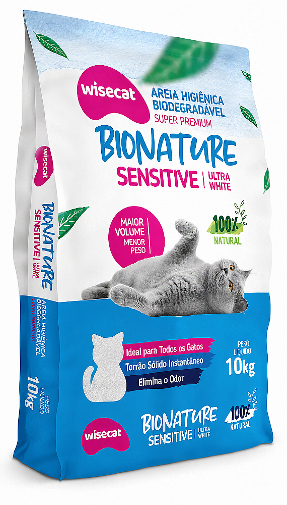 Granulado Sanitário Wisecat Bionature Sensitive Ultra White (100%Natural)
