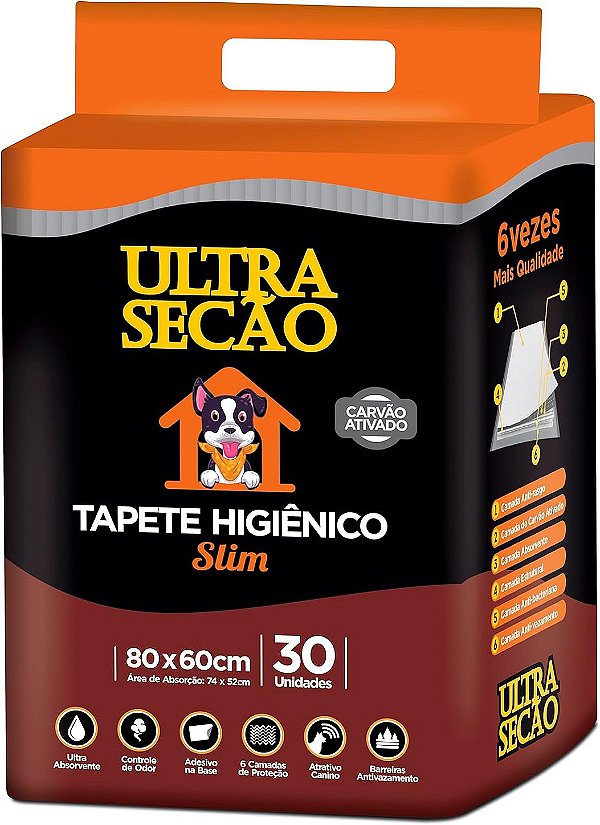 Tapete Higiênico Ultra Secão Slim Carvão ativado 30 unidades 80x60cm