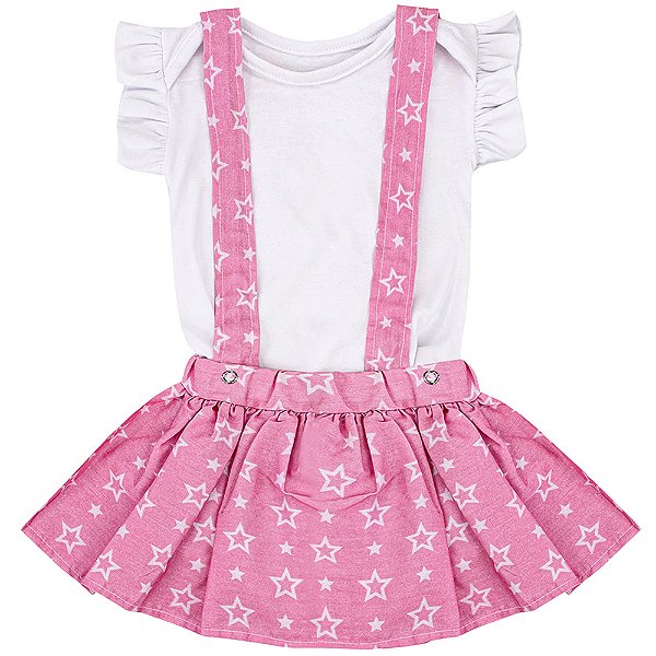 Conjunto Bebê Feminino Body Manga Curta e Saia Estrelinha Rosa