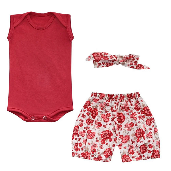 Conjunto Bebê Feminino Body Manga Curta Shorts e Laço Paixão