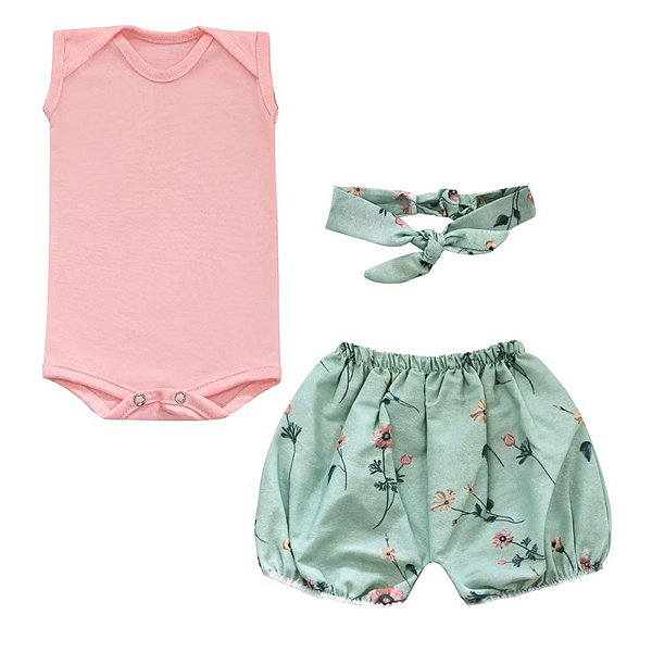 Conjunto Bebê Feminino Body Manga Curta Shorts e Laço Ramita