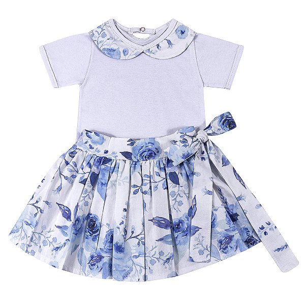 Conjunto Bebê Feminino Camiseta Manga Curta e Saia Floral Azul