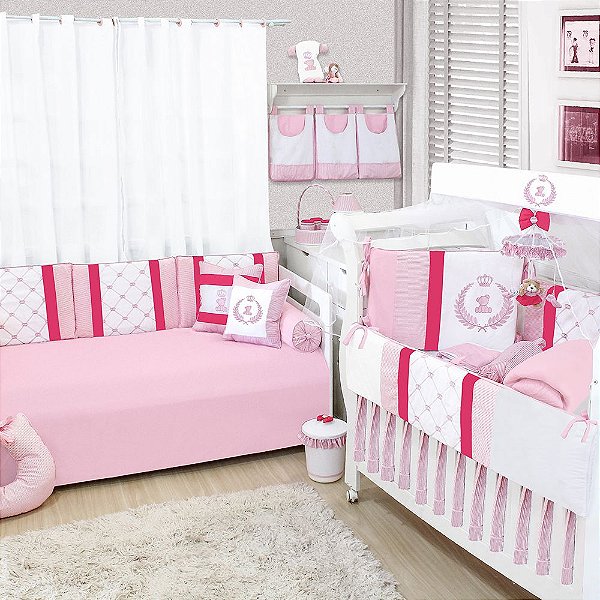 Quarto Completo Primavera Enxoval Bebê Menina Branco - Bege - Rosa 100%  Algodão