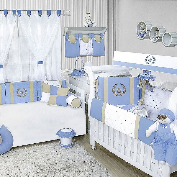 Quarto Completo Coroa Luxo Azul Bebê 28 Peças