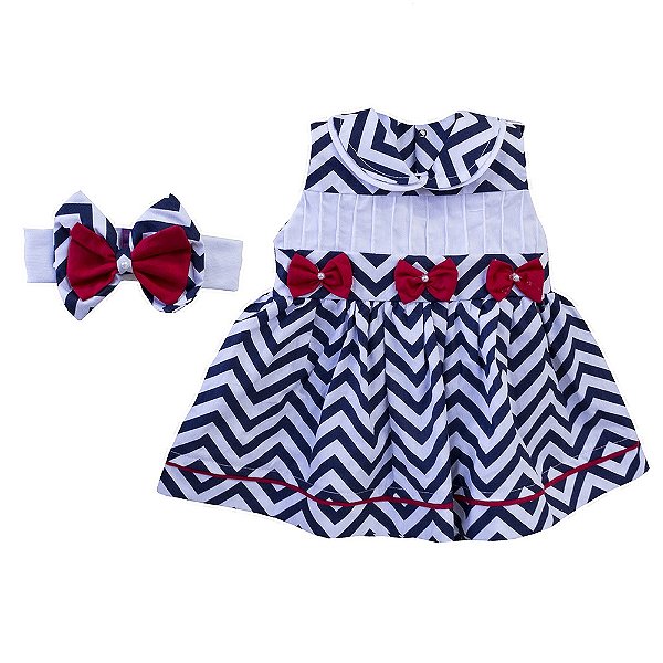 Vestido de Bebê Manga Curta Chevron Azul Marinho