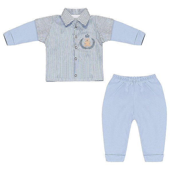 Conjunto Bebê Masculino Camisa Manga Longa e Calça Urso Rei Azul