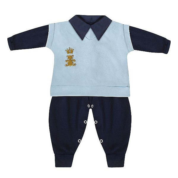 Conjunto Bebê Masculino Colete e Macacão Manga Longa Realeza Azul Marinho e Azul Bebê