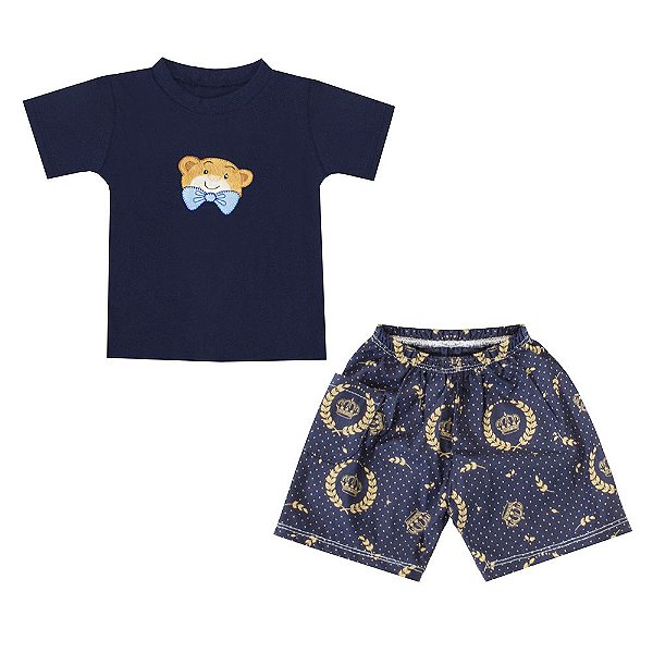 Conjunto Bebê Masculino Camiseta Manga Curta e Bermuda Urso Gravata