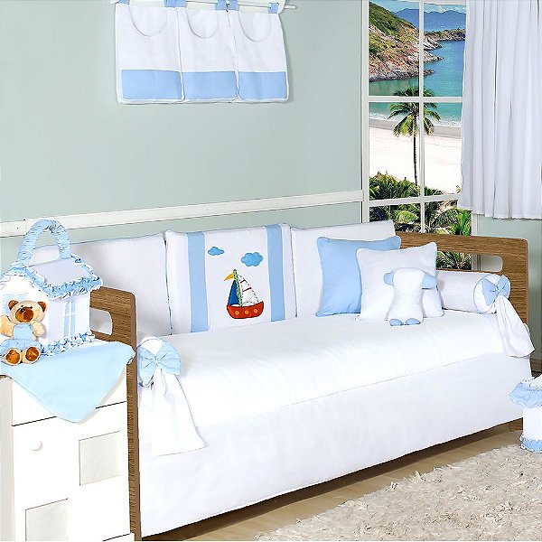 Kit Cama Babá Barquinho Azul Bebê 8 Peças